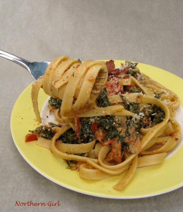 Kale and Bacon Fettuccine in Creamy Tomato Sauce