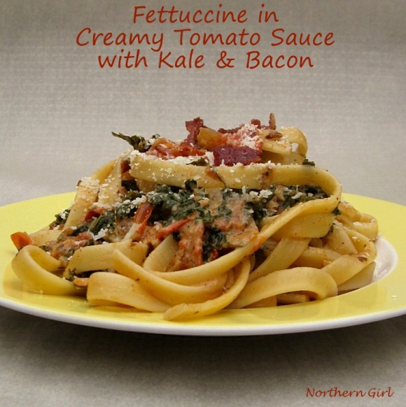Easy weeknight dinner Fettuccine in Creamy Tomato Sauce with Kale and Bacon