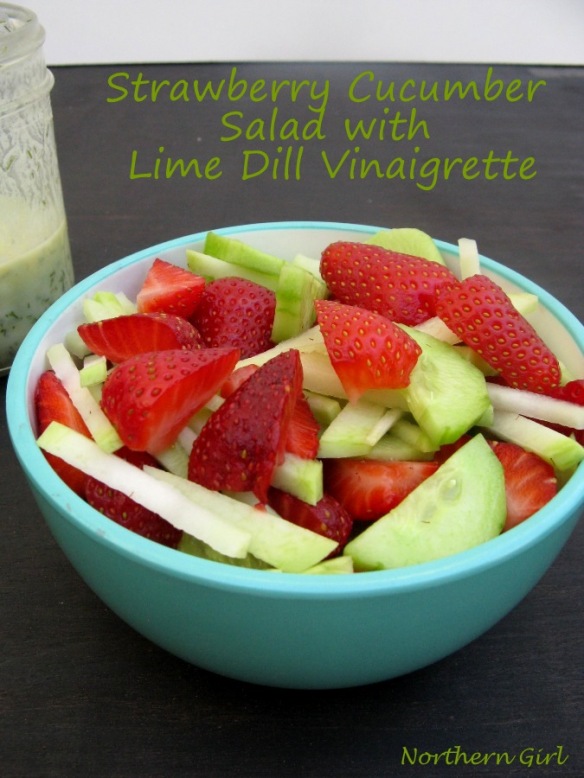 Strawberry salad with cucumbers kohlrabi and lime dill vinaigrette